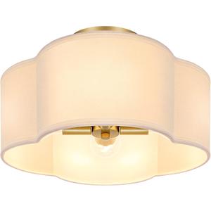 4-Light 14.4'' Semi Flush Mount Ceiling Light Fixture, Gold Modern Close to Ceiling Lamp with White Fabric Shade, Farmhouse Bright Lighting Brass Finish for Nursery Kids Room Bedroom Hallway Entryway