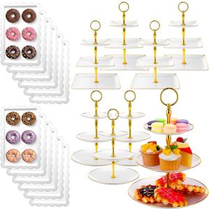 Teenyyou 20 Pack Dessert Table Display Set 8 Pcs 3 Tiered Cupcake Stand with Gold Edges 12 Pcs White Dessert Serving Tray for Wedding Birthday Tea Party Decorations (Round and Square)