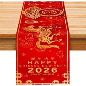 Qpout Chinese New Year Table Runner 2026, Year of The Horse Spring Festival Decor, 14x71 Inch Lunar New Year Table Decor for Holiday Party, Indoor Outdoor Kitchen Dining Room Decorations