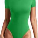 REORIA Women's Short Sleeve Round Neck Body Suits Fashion T-shirt Tops Bodysuits for women (Green, XS)