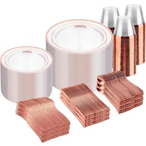 bUCLA 600PCS Clear Rose Gold Plastic Dinnerware Set Disposable - Include 100 Dinner Plates, 100 Dessert Plates, 100 Knives, 100 Forks, 100 Spoons, 100 Cups for Party & Wedding