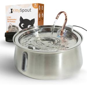KittySpout Stainless Steel Cat Water Fountain Automatic Drinking Fountain, Quiet Circulating Water Bowl, Dishwasher Safe, Indoor Pet Fountain for Hydrated Healthy Cats (Stainless Steel, 4L Corded)