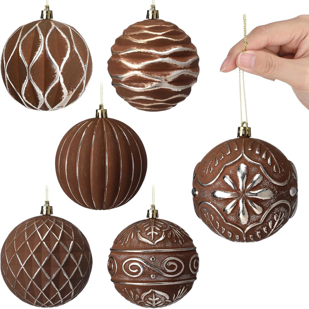 Soulchen 6 Pcs Brown Christmas Ball Ornament 4" Large Vintage Textured Rustic Neutral Mercury Antique Farmhouse Christmas Tree Decor Shatterproof Xmas Hanging Ornaments for Xmas Tree Decor