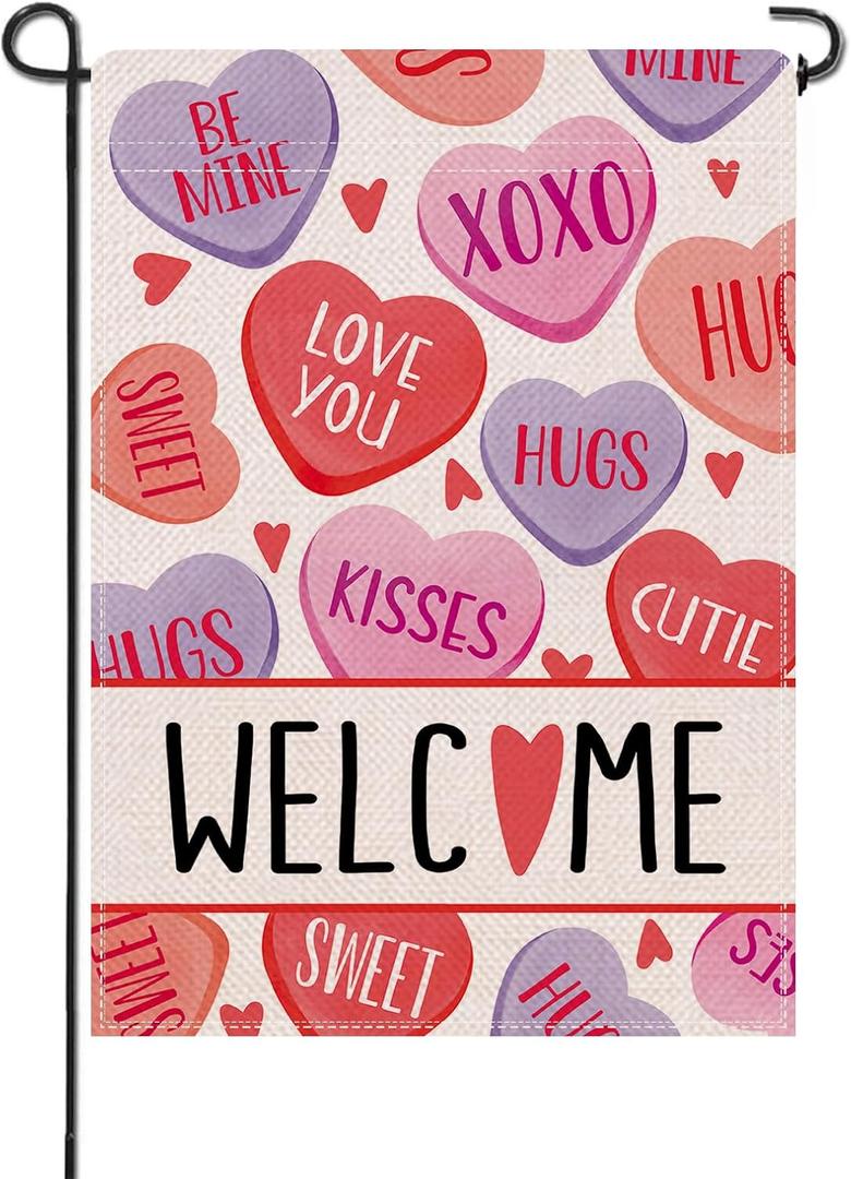 5 x Artofy Welcome Valentines Day Small Decorative Garden Flag, Pink Red Candy Love Hearts Romantic Kids Yard Outside Decor, Anniversary School Classroom Burlap Outdoor Home Decoration Double Sided 12x18
