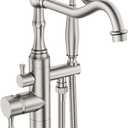 Brushed Nickel Bathtub Faucet Freestanding Tub Filler High Pressure Single Handle Bathtub Filler Floor Mounted Brass Bathroom Tub Faucets with Handheld Shower