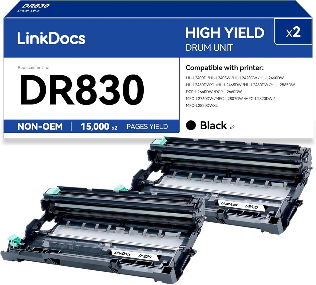 LinkDocs DR830 Drum Replacement (Drum only) for Brother DR830 DR-830 Drum Unit Used with Brother Printer HL-L2400D HL-L2405W HL-L2460DW DCP-L2640DW MFC-L2820DW HL-L2465DW HL-L2480DW, 2 Pack