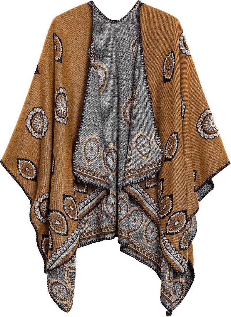 EXCHIC Women's Retro Shawl Wrap Open Front Poncho Cape Cardigan for Fall Winter (Brown) One Size