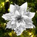 Christmas Poinsettia Artificial Flowers Decorations 5.5" Christmas Tree Wreaths Garland Decoration 12 Pcs Glitter Flowers Picks Decor for Xmas New Year Wedding Party Ornaments (Silver)