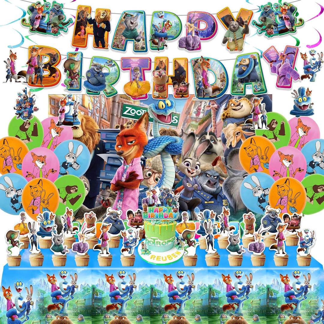 Birthday Party Decorations Set - 1 Backdrop (39" x 59"), 1 Big Topper, 1 Tablecloth, 15 Birthday Banner, 24 Cupcake Toppers, 16 Balloons, 6 Hanging Swirls - JungleThemed Game Celebration