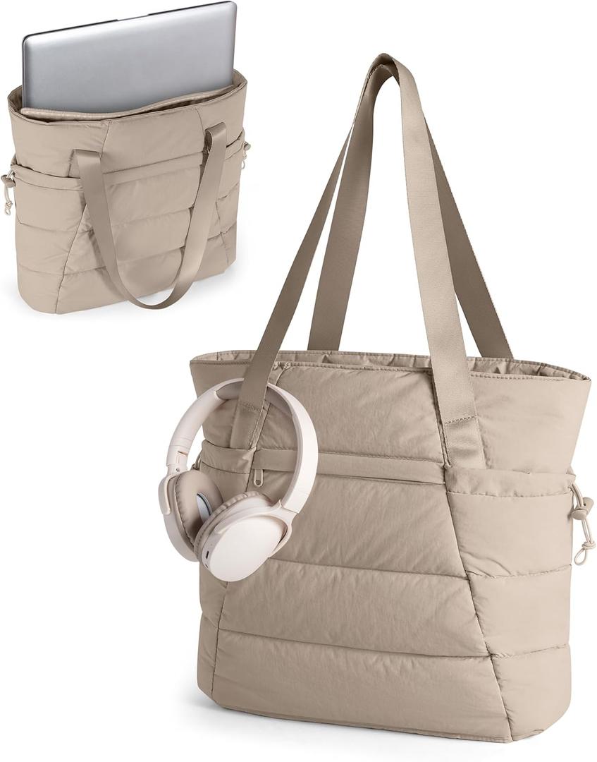Puffer Tote Bag for Women, Lightweight Tote Bag for Work and School, Khaki