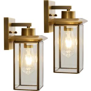 Brass Outdoor Wall Light Fixtures, Exterior Waterproof Lanterns, Porch Wall-Mounted Lights with E26 Socket and Glass Shade Modern Rustproof Wall Sconces for Yard, Front Door & Entryway 2-Pack