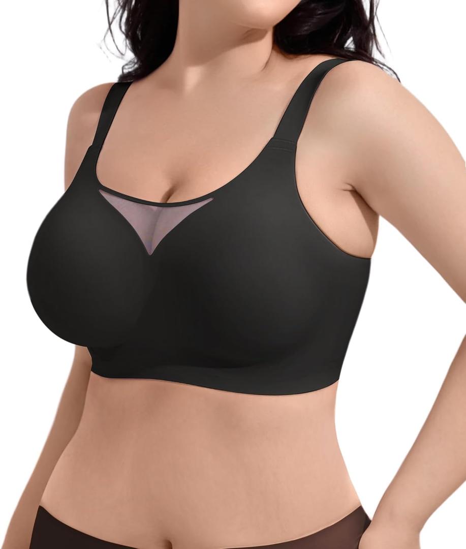SHAPERX Wireless Bras for Women V Mesh Supportive Full Coverage Everyday Bralette No Underwire Seamless T Shirt Push Up Bra (X-Large Plus, Black)
