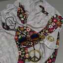 70s 80s Women Hippie Costume Set Disco Outfit Peace Sign Earring Necklace Headband Dress for Women Halloween Party XL