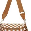 Checkered Crossbody Bag Nylon Bum Bags for Women Spacious Handbags Checkered Purse Fanny Packs with Shoulder Strap (Light Brown Checkered)
