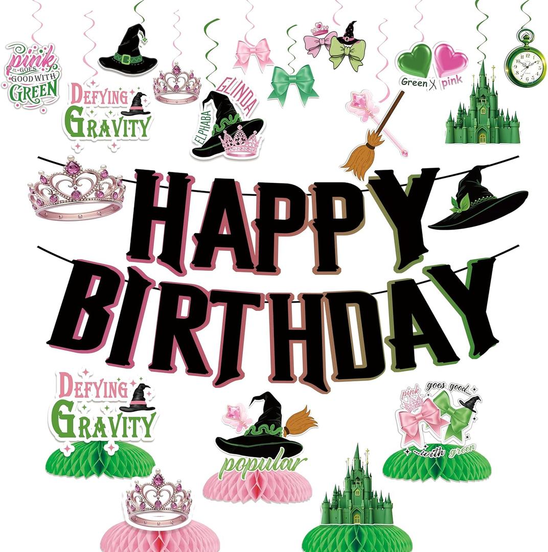 Witch Birthday Party Decorations Pink and Green Witch Decorations Movie Theme Happy Birthday Banner Honeycomb Table Centerpieces for Halloween Witch Movie Bday Party Decor
