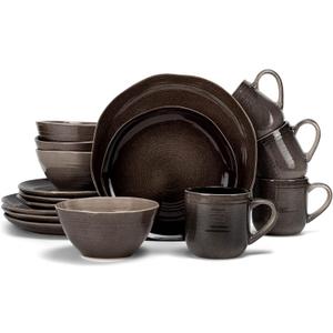 Elanze Designs Reactive Glaze Farmhouse Rustic Boho Ceramic Stoneware Dinnerware 16 Piece Plate Bowl Mug Dish Set - Service for 4, Mocha Grey Ombre