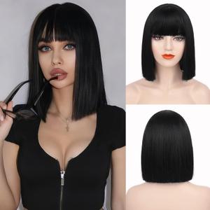 Black Bob Wig with Bangs, Short Straight Black Wigs for Women Heat Resistant Synthetic Wig for Costume Cosplay Halloween Party Daily Use (12 Inch)