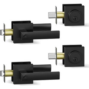 BAOLONG Deadbolt Lock and Door Knob Set,Exterior Door Lock Set, Entry Door Locksets for Front Door Handle with Single Cylinder Deadbolts, Keyed Alike 2 Pack Matte Black.