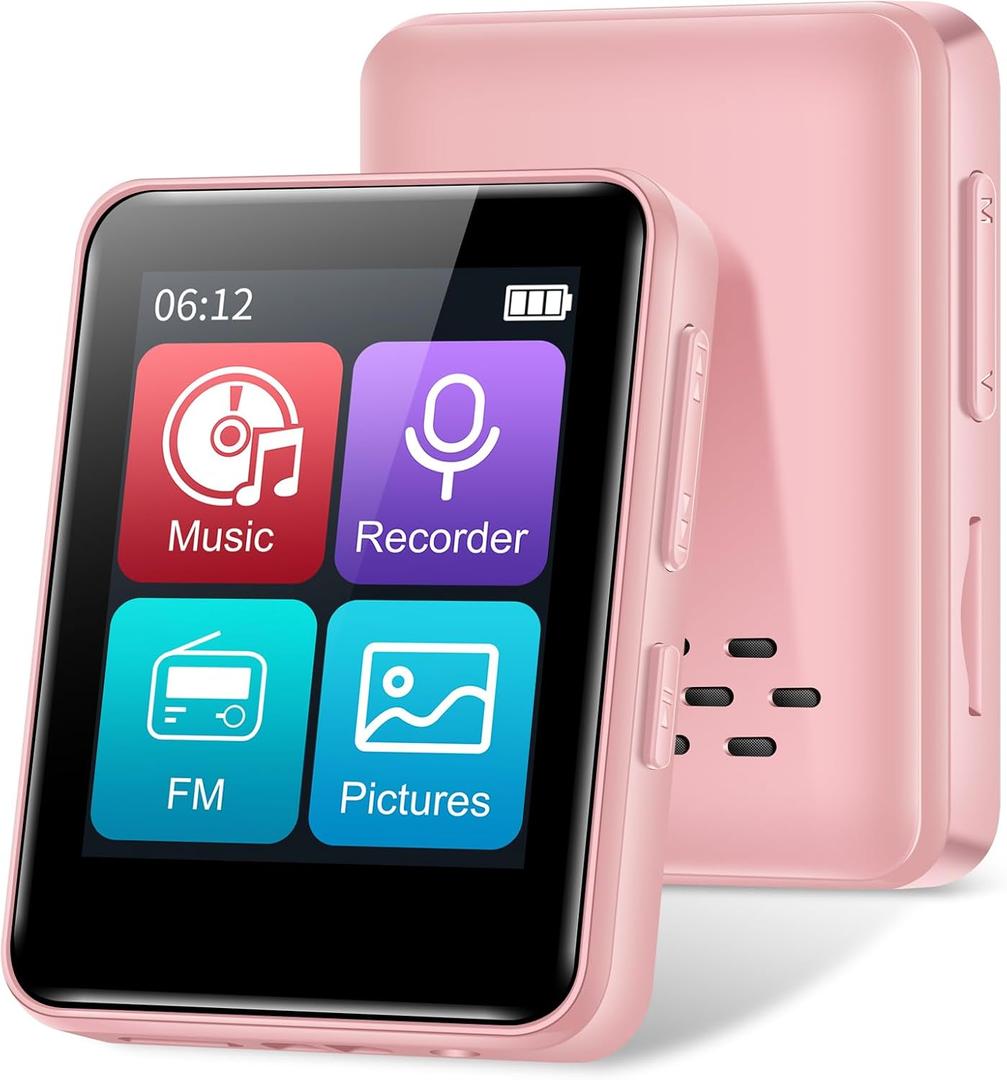 MP3 Player with Bluetooth, 1.8 inch Screen Portable Music Player with Speaker, FM Radio, Recorder, Expansion to 512GB, Pink with 32GB Micro SD Card