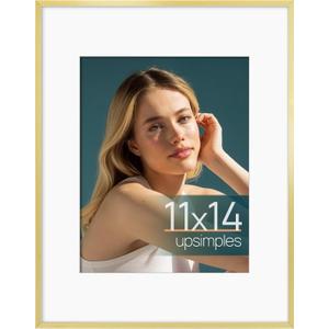 upsimples Aluminum 11x14 Picture Frame Gold, Display Photo 8x10 with Mat or 11 x 14 without Mat, Wall Hanging Metal Poster Frame with Acrylic Cover, 1 Pack