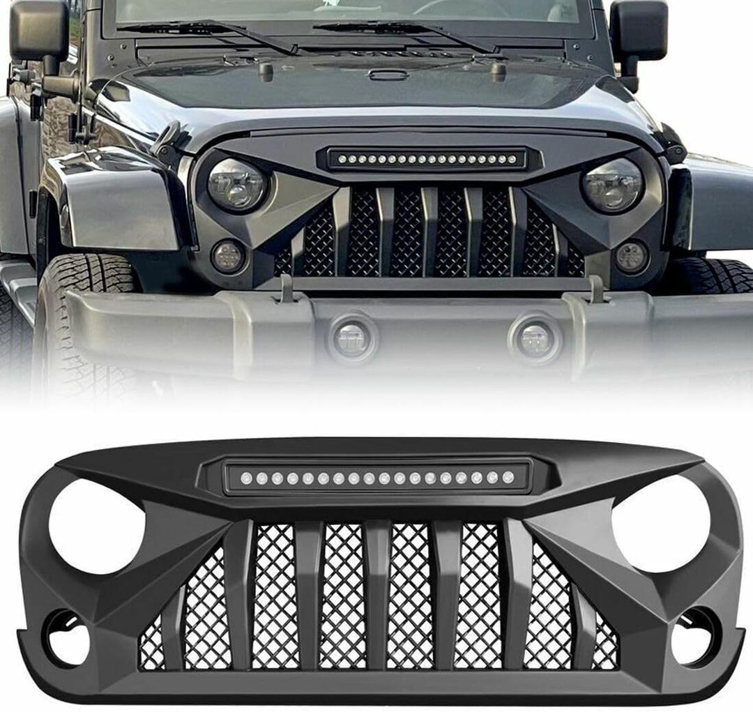Front Grille with Offroad Lights Compatible with 2007-2018 Jeep Wrangler Rubicon Sahara Sport JK JKU, Matte Black