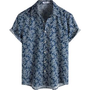 Mens Hawaiian Shirt Short Sleeve Button Down Cotton Floral Shirts Casual Tropical Beach Summer Shirts (Blue, XXXL)