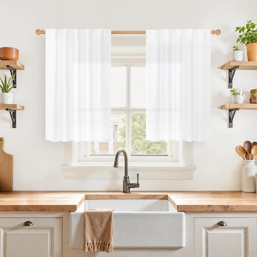 YoungsTex White Linen Curtains 36 Inch Length - Kitchen Window Drapes with Rod Pocket Back Tab for Bathroom Cafe Over Sink, 42 X 36 Inch
