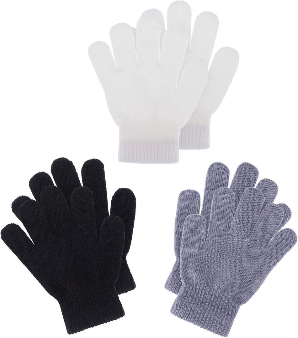 3 Pairs Toddler Gloves Kids Mittens Winter Warm Knitted Gloves Full Finger Mittens for Toddler Boys and Girls (7 - 11 Years Size, Black, White, Grey)