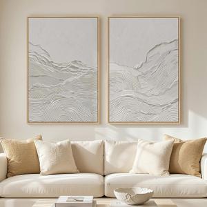 Large Framed White Abstract Wall Art Set of 2 for Living Room, Neutral Minimalist Modern Print Canvas Artwork for Walls, Contemporary Abstract 2D Wall Decor for Bedroom Office Hallway, 24x36 In, 24" W x 36" H x 2Pcs