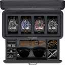 ROTHWELL 4 Slot Leather Watch Box with Valet Drawer - Luxury Case Display Jewelry Organizer, Locking Display Case Holder with Real Glass Top - Watch Box Organizer for Men & Women (Carbon)