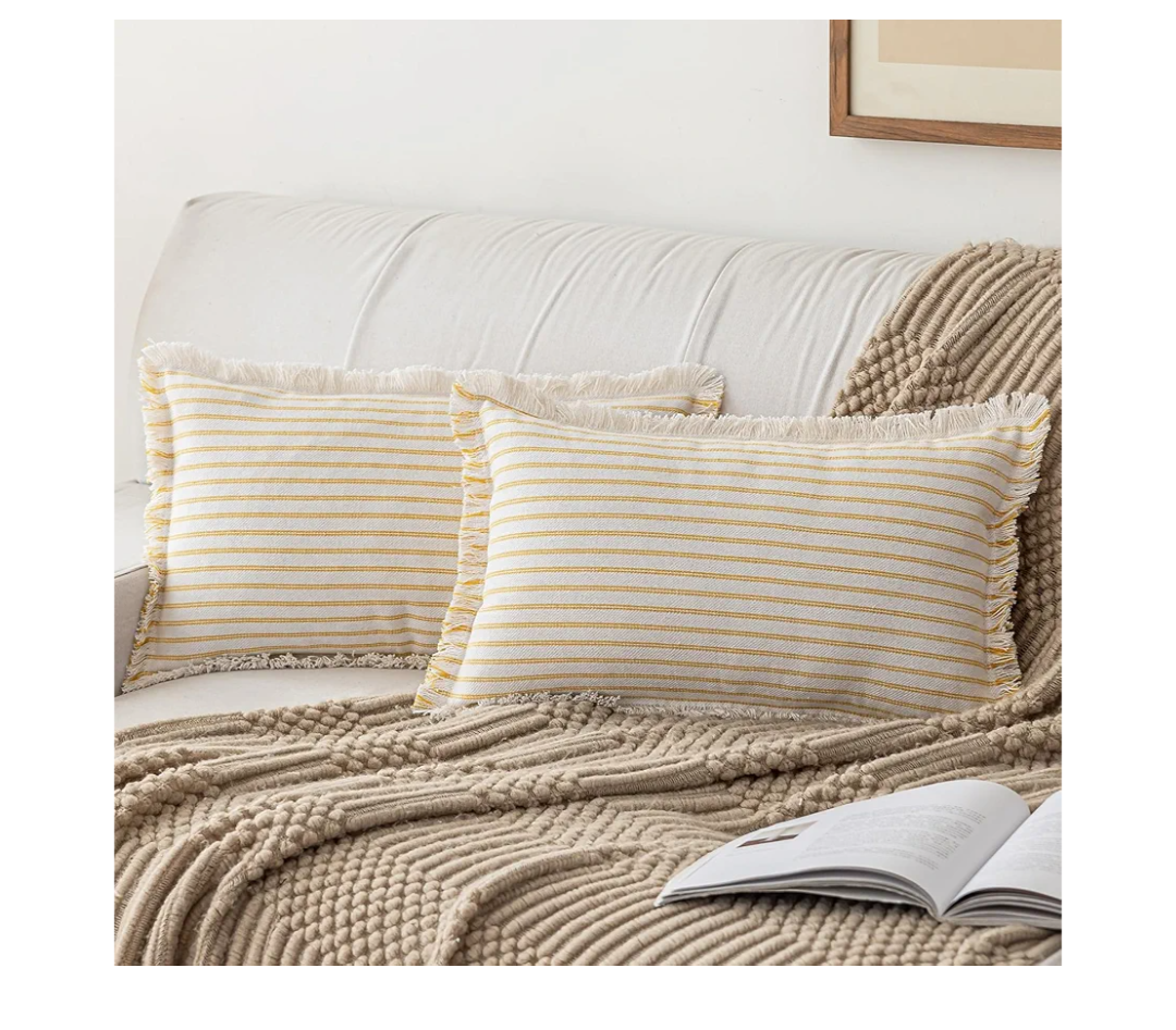 YEENAASY Throw Pillow Covers 12x20 Set of 2 Striped Fringe Pillow Cover Farmhouse Cushion Covers with Tassel Neutral Boho Pillows Decorative Square Pillowcase for Couch Sofa Bed, Yellow