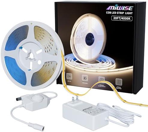MIWISE COB LED Strip Light 20ft/6.1m,CRI 90+ Natural White 4000K High Lumen Dimmable Super Bright Flexible DC24V LED Tape Light with Controller/Dimmer,for Cabinet Home Office DIY Lighting Projects