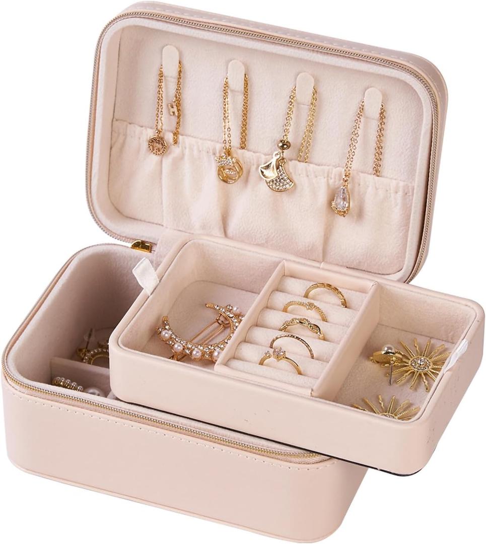Travel Jewelry Box, 2 Layer Zipper PU Leather Portable Jewelry Organizer with Removable Trays, Compact Jewelry Case for Women (Apricot color)