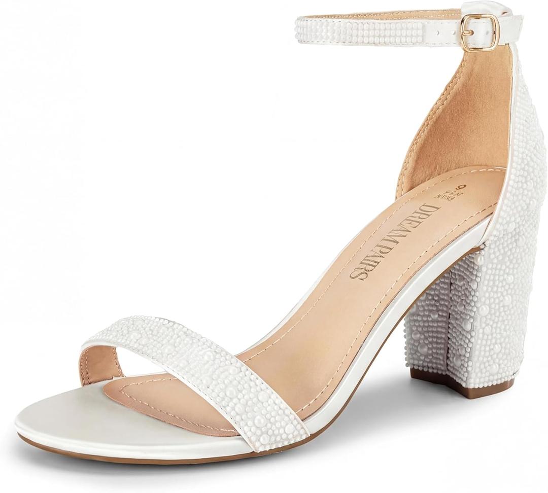 DREAM PAIRS Women's Chunky Block Heel Sandals, Open Toe Ankle Strap Dress Shoes, Comfortable Wedding Guest Heels for Party, Prom and Formal Events,Size 11,White-Pearl,CHUNK, Wasused, Size 11