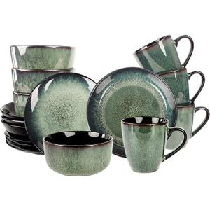 Dinnerware Sets(16Pcs) Serves for 4, Reactive Glaze Plates and Bowls Set with Mug,7.9"Small Plate,8.3"Salad Plate,5.5"bowl, Modern kitchen tableware,Microwave safe, Set No.4