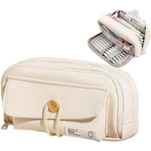 UIVXXUD Simple Style Cotton Rope Pencil Holder  Large Capacity Multilayered Pencil Case Organizer, Aesthetic Minimalist Fabric Pen Pouch with Zipper, Durable EcoFriendly Pen Pouch Bag (Beige)