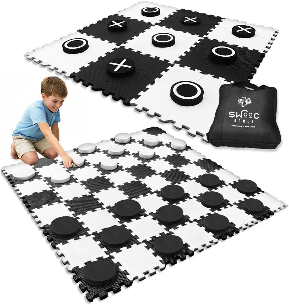 Swooc Games - 2-in-1 Premium Giant Checkers & Tic Tac Toe Game (4ft x 4ft) - 100% High Density EVA Foam Mat & Pieces - Extra Large Checkers Set with Jumbo Checkerboard and Yard Size Tic Tac Toss