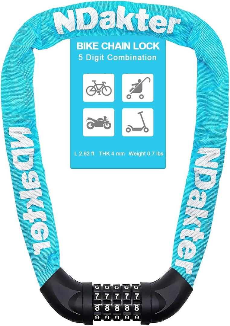 NDakter Bike Chain Lock, 5 Digit Combination Heavy Duty Anti Theft Bicycle Chain Lock,2.62/3.2/4.27/5/6Ft Long Security Resettable Bike Locks for Bike, Bicycle, Scooter, Door, Gate, Fence-4/6mm Thick (Sky Blue)