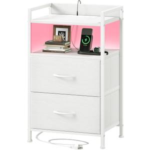 Somdot White Nightstand with Charging Station and LED Light for Bedroom, 2 Drawers Dresser with Fabric Bins for Bedside Kids Dorm Room Closet Laundry Entryway, White Leather