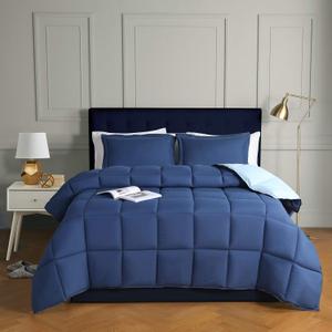 HIG 3pc Down Alternative Comforter Set - All Season Reversible Comforter with Two Shams - Quilted Duvet Insert with Corner Tabs - Box Stitched - Breathable, Soft (Full/Queen, Navy/Light Blue)