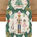 Artoid Mode Green Diamond Plaid Nutcracker Snowflake Christmas Table Runner, Seasonal Winter Kitchen Dining Table Decoration for Home Party Decor 13x90 Inch