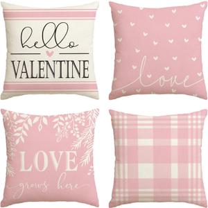 AVOIN colorlife Valentine's Day Pink and White Love Throw Pillow Covers, 18 x 18 Inch Hello Valentine Plaid Wedding Cushion Case Decoration for Sofa Couch Set of 4