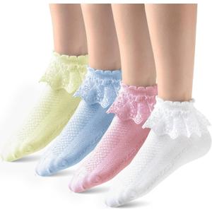 4 Pairs Crew Socks Ruffle - Fancy White Socks Cute For Women, White/Yellow/Blue/Pink