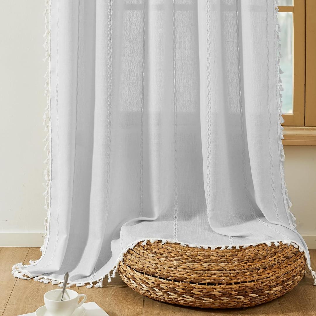 Setaback Boho Curtains 96 Inches Long with Tassels Natural Style, Semi Sheer Linen Light Filtering Rod Pocket for Windows Protect Privacy Patio Decor Backdrops, 52" W x 96" L, Blue, 2 Panels