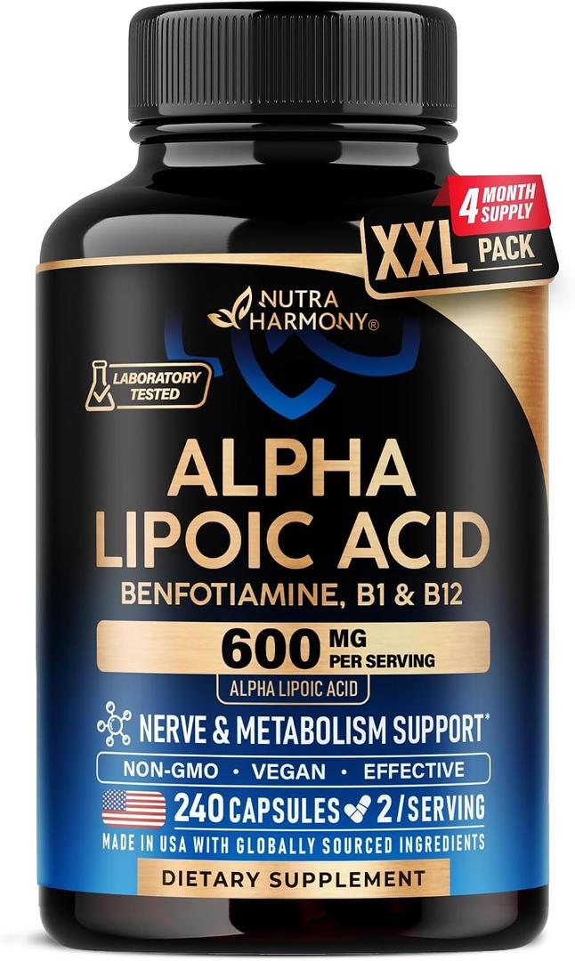 Alpha Lipoic Acid 600mg - ALA Supplement Antioxidant for Nerve, Energy & Metabolism Support - Extra Strength with Benfotiamine, B1 & B12 - Lab Tested, NON-GMO & Vegan - 240 Capsules, 4 Month Supply, Exp Date: 5/28