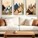 PHOPAGO Morden Mountains Framed Wall Art 16x24in Boho Woodcut Pine Tree Forest Nature Landscape Artwork Prints Bohemain Farmhouse Rustic Bedroom Living Room Decor - Natural Framed