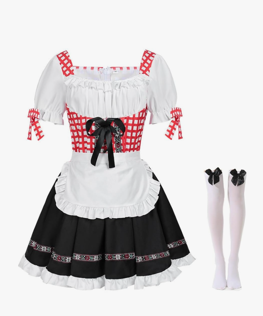 3 pieces Women's Oktoberfest Costume Dress German Bavarian Beer Plaid Maid Dirndl Dress Halloween Party Outfits, Size L