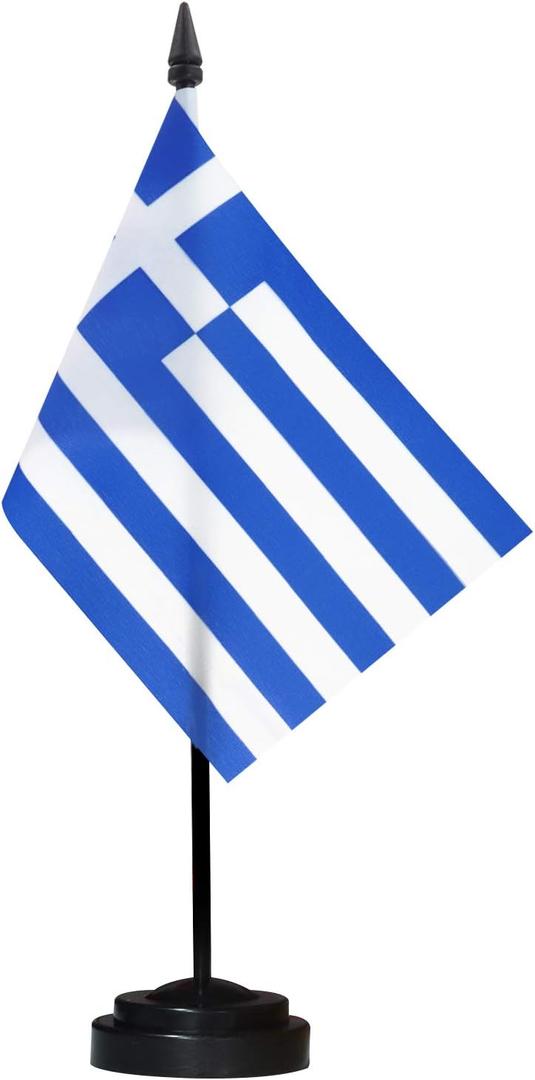 Anley Greece Deluxe Desk Flag Set - 6 x 4 Inch Miniature Greek Desktop Flag with 12" Solid Pole - Vivid Color and Fade Resistant - Black Base and Spear Top