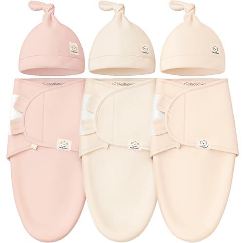 KeaBabies 3-Pack Organic Swaddles for Newborns Girls, Boys with Hats - Soft Cotton Baby Sleep Sacks 0-3 Months, Breathable Baby Hats and Swaddles 0-3 Months, Newborn Essentials Must Haves (Angelic)