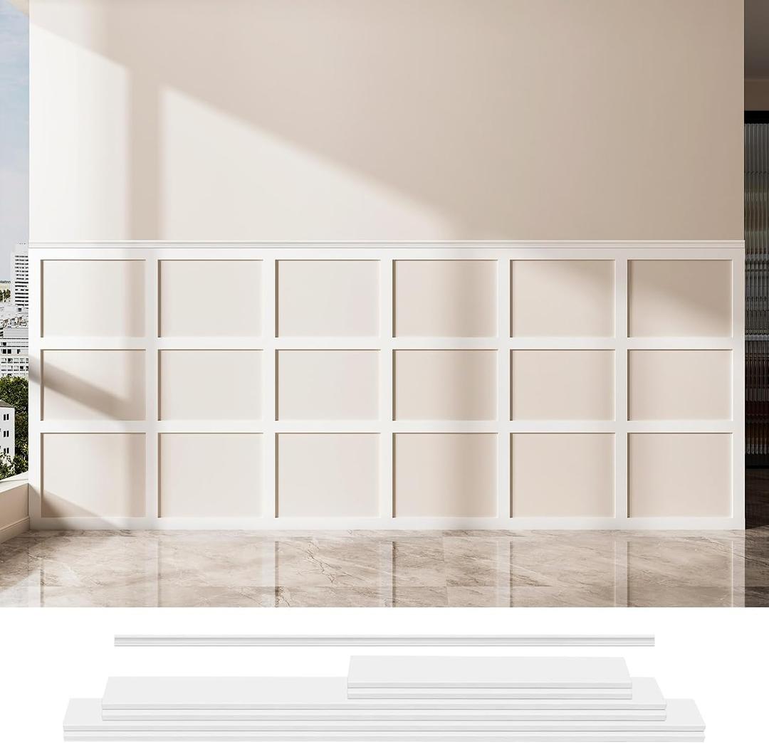 Art3d Precut Board and Batten Wainscoting Panel Kit Covers 10Ft. - Paintable Molding Trim Slat with Edge Strip, Ready to Assemble Accent Wall Decor for Living Room Dining Room Hallway, White